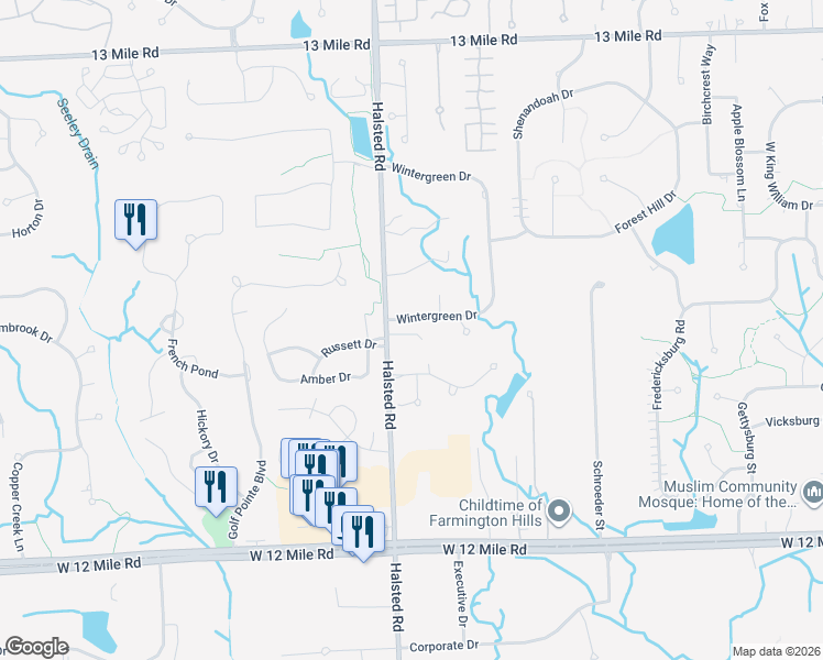 map of restaurants, bars, coffee shops, grocery stores, and more near 28550 Halsted Road in Farmington Hills