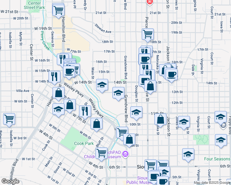 map of restaurants, bars, coffee shops, grocery stores, and more near 199 13th Street in Sioux City