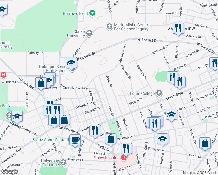 map of restaurants, bars, coffee shops, grocery stores, and more near 1835 Wood St in Dubuque