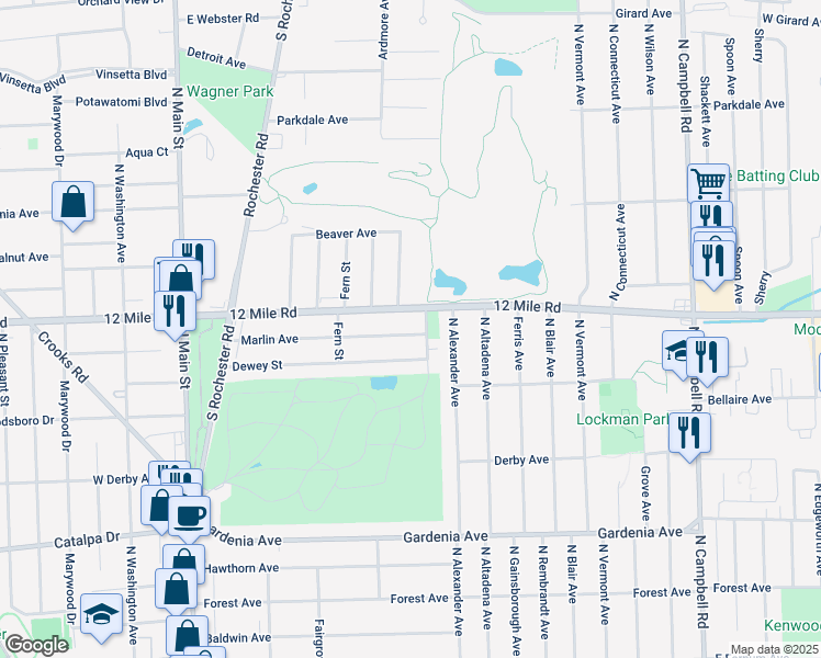 map of restaurants, bars, coffee shops, grocery stores, and more near 711 Marlin Avenue in Royal Oak