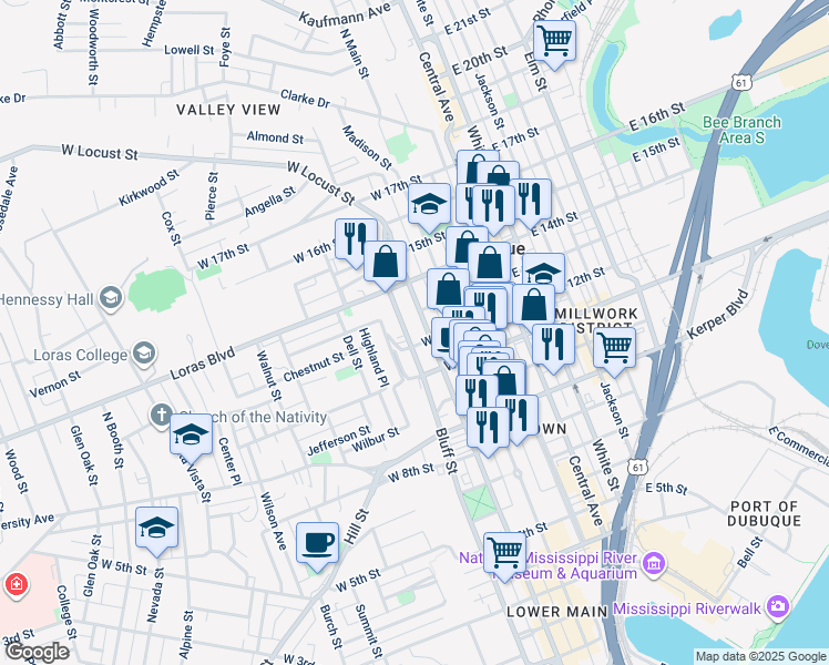map of restaurants, bars, coffee shops, grocery stores, and more near 1243 Locust Street in Dubuque