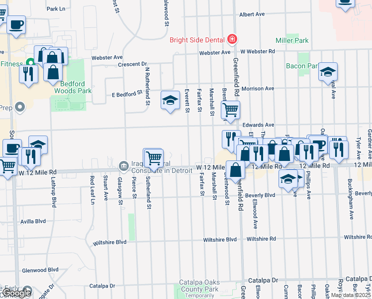 map of restaurants, bars, coffee shops, grocery stores, and more near 29129 Everett Street in Southfield