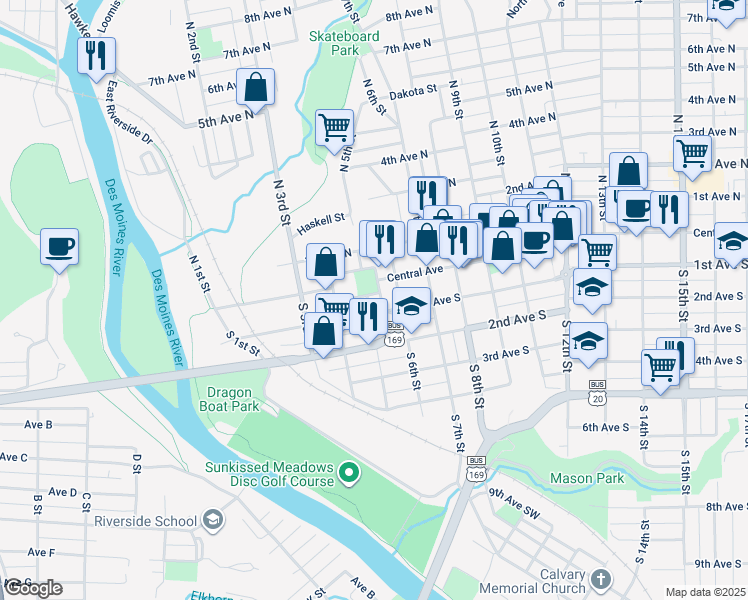 map of restaurants, bars, coffee shops, grocery stores, and more near 501 Central Avenue in Fort Dodge