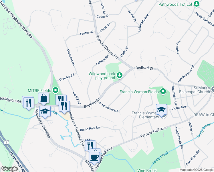 map of restaurants, bars, coffee shops, grocery stores, and more near 119 Bedford Street in Burlington