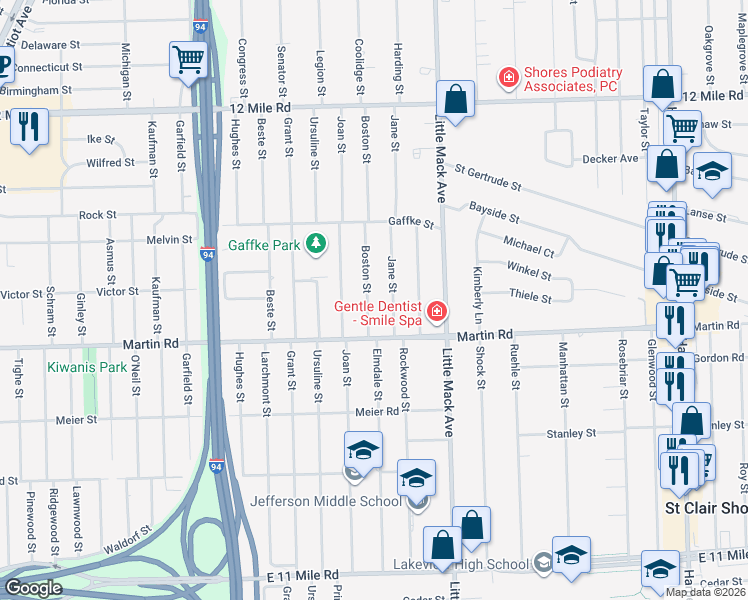 map of restaurants, bars, coffee shops, grocery stores, and more near 28600 Boston Street in St. Clair Shores