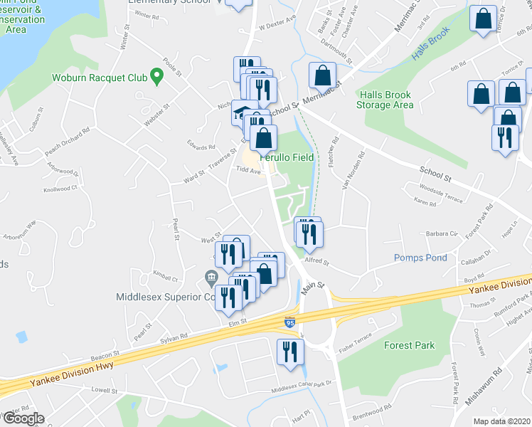 map of restaurants, bars, coffee shops, grocery stores, and more near 5 Patricia Cir in Woburn
