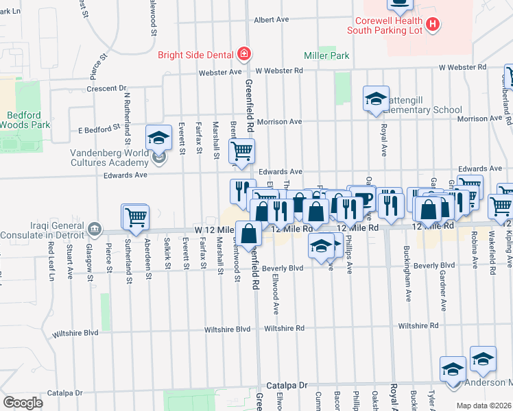 map of restaurants, bars, coffee shops, grocery stores, and more near 29101 Greenfield Road in Southfield