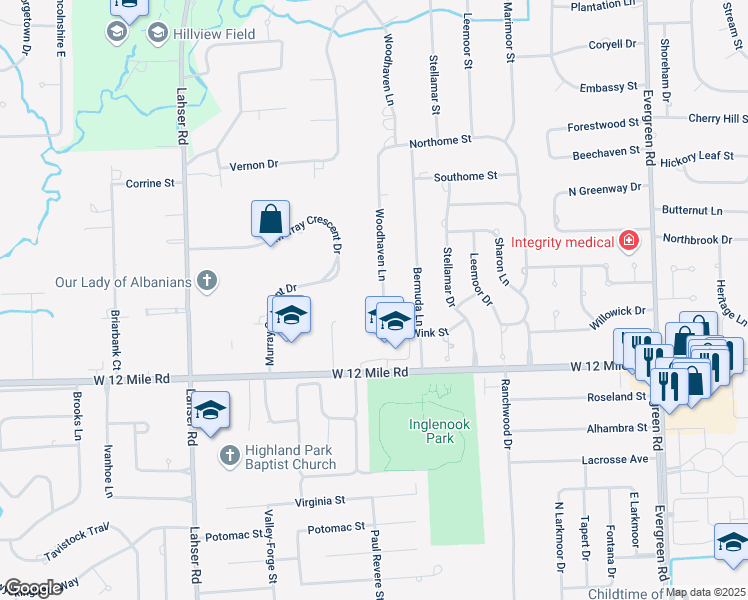 map of restaurants, bars, coffee shops, grocery stores, and more near 29385 Woodhaven Lane in Southfield