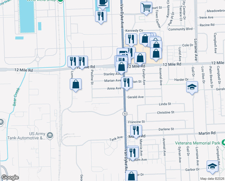 map of restaurants, bars, coffee shops, grocery stores, and more near 7516 Anna Avenue in Warren