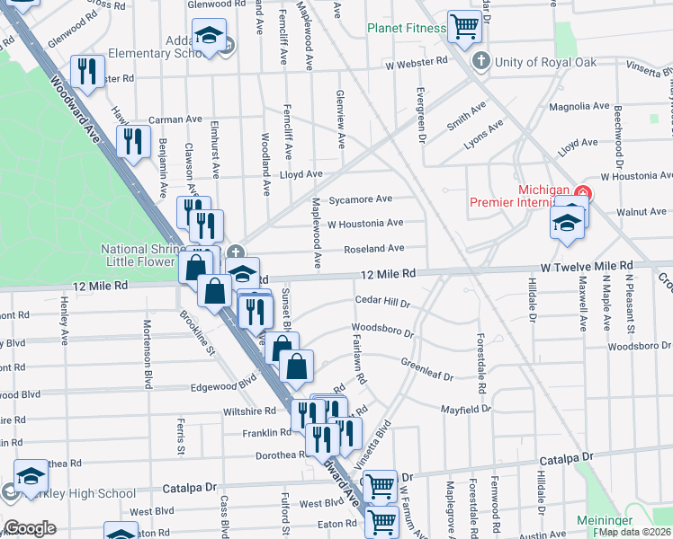 map of restaurants, bars, coffee shops, grocery stores, and more near 1818 Twelve Mile Road in Royal Oak