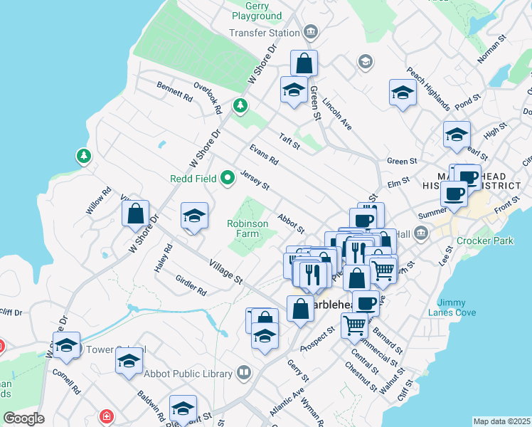 map of restaurants, bars, coffee shops, grocery stores, and more near 3 Abbot Court in Marblehead