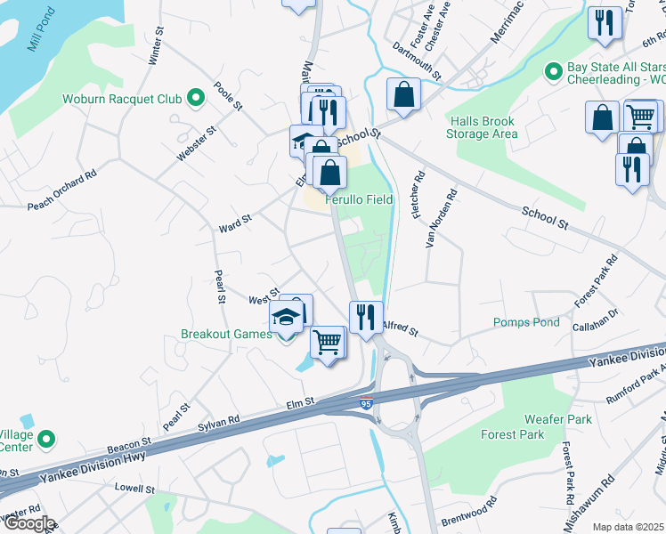 map of restaurants, bars, coffee shops, grocery stores, and more near 5 Patricia Circle in Woburn