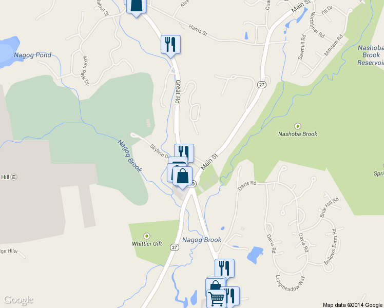 map of restaurants, bars, coffee shops, grocery stores, and more near 5 Wampus Avenue in Acton