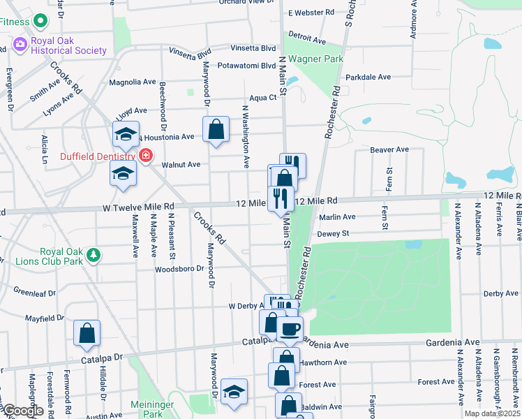 map of restaurants, bars, coffee shops, grocery stores, and more near 219 Twelve Mile Road in Royal Oak