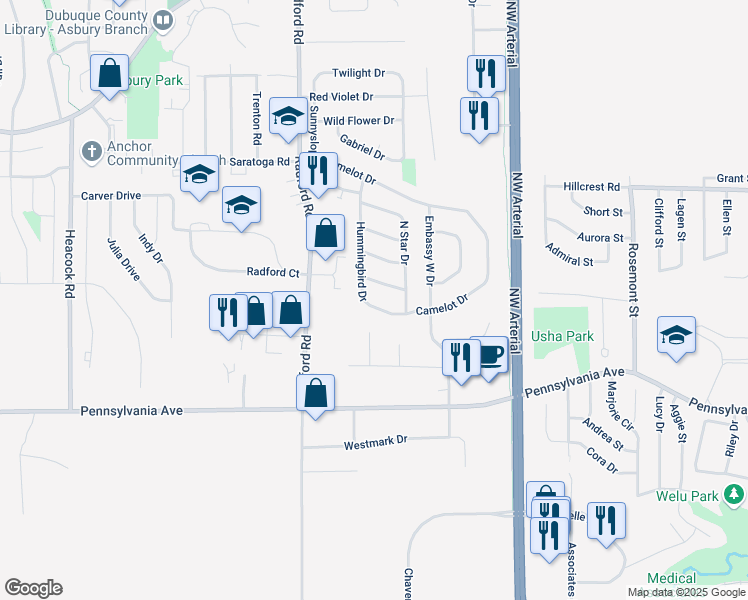 map of restaurants, bars, coffee shops, grocery stores, and more near 1878 Hummingbird Drive in Dubuque