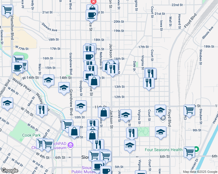 map of restaurants, bars, coffee shops, grocery stores, and more near 700-762 13th Street in Sioux City