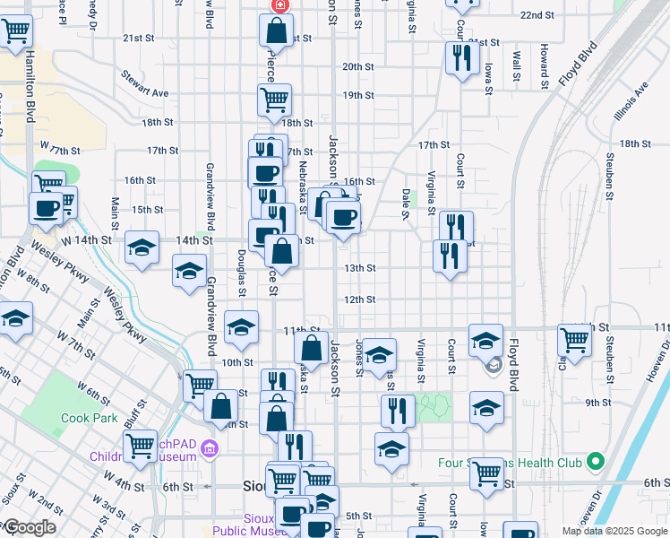 map of restaurants, bars, coffee shops, grocery stores, and more near 700 13th Street in Sioux City