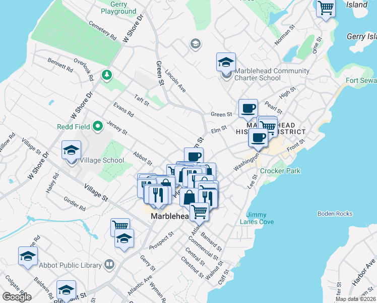 map of restaurants, bars, coffee shops, grocery stores, and more near 7 Evans Road in Marblehead
