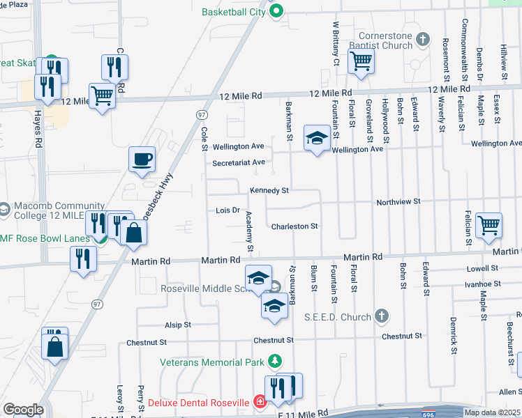 map of restaurants, bars, coffee shops, grocery stores, and more near 28251 Emery Street in Roseville
