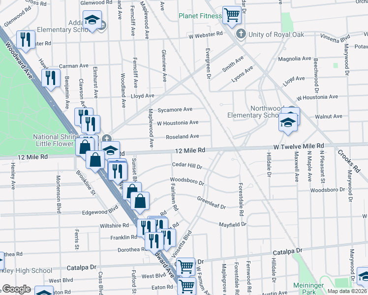 map of restaurants, bars, coffee shops, grocery stores, and more near 1708 Twelve Mile Road in Royal Oak