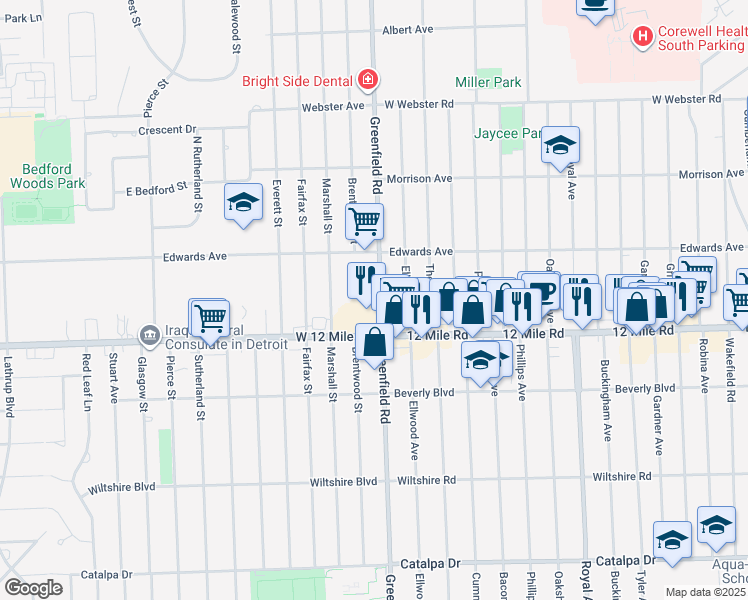 map of restaurants, bars, coffee shops, grocery stores, and more near 29101 Greenfield Road in Southfield