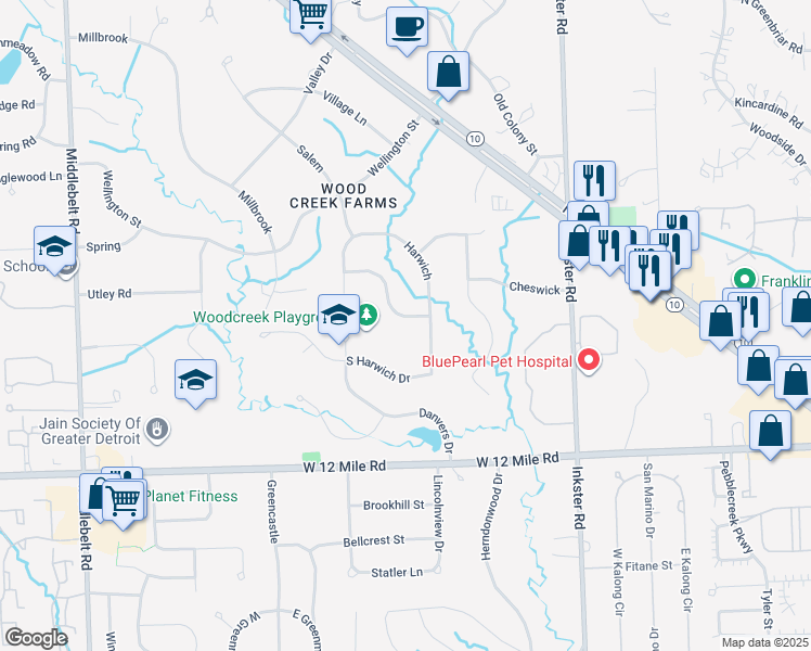 map of restaurants, bars, coffee shops, grocery stores, and more near 28043 New Bedford in Farmington Hills