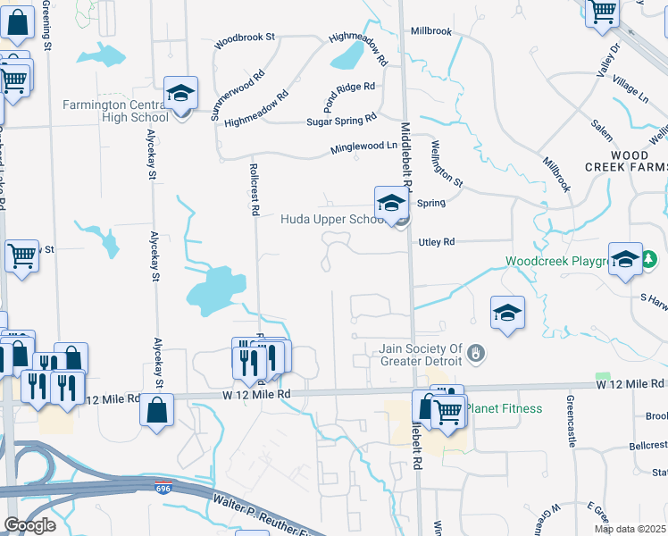 map of restaurants, bars, coffee shops, grocery stores, and more near 28623 Venice Court in Farmington Hills
