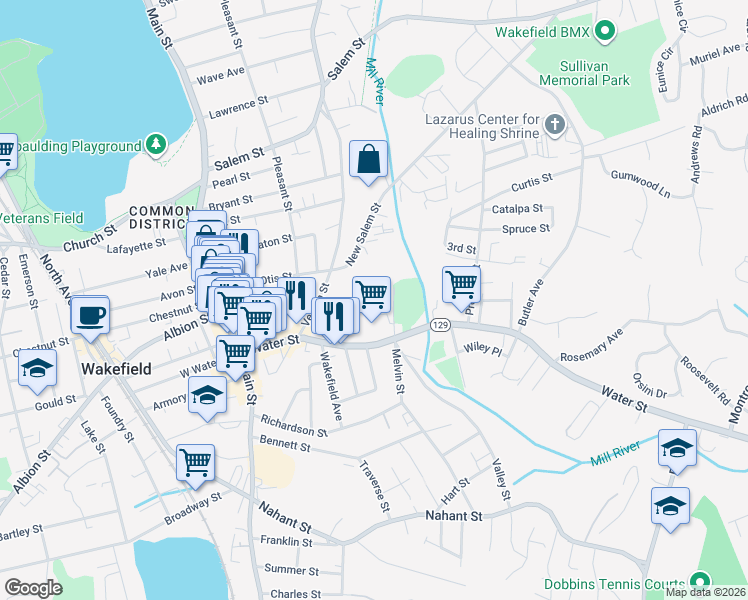 map of restaurants, bars, coffee shops, grocery stores, and more near 7-11 Melvin St Ext in Wakefield