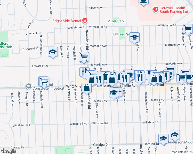 map of restaurants, bars, coffee shops, grocery stores, and more near 3524 Ellwood Avenue in Berkley