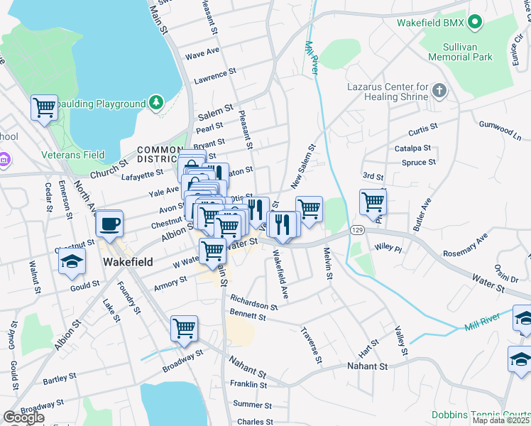 map of restaurants, bars, coffee shops, grocery stores, and more near 4 Pleasant Street in Wakefield