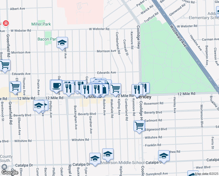 map of restaurants, bars, coffee shops, grocery stores, and more near 3527 Wakefield Road in Berkley