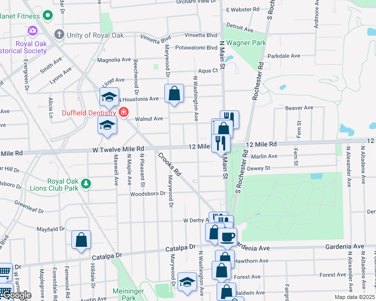 map of restaurants, bars, coffee shops, grocery stores, and more near 319 Twelve Mile Road in Royal Oak