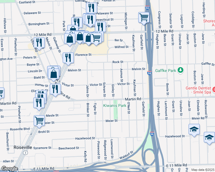 map of restaurants, bars, coffee shops, grocery stores, and more near 19026 Victor Street in Roseville