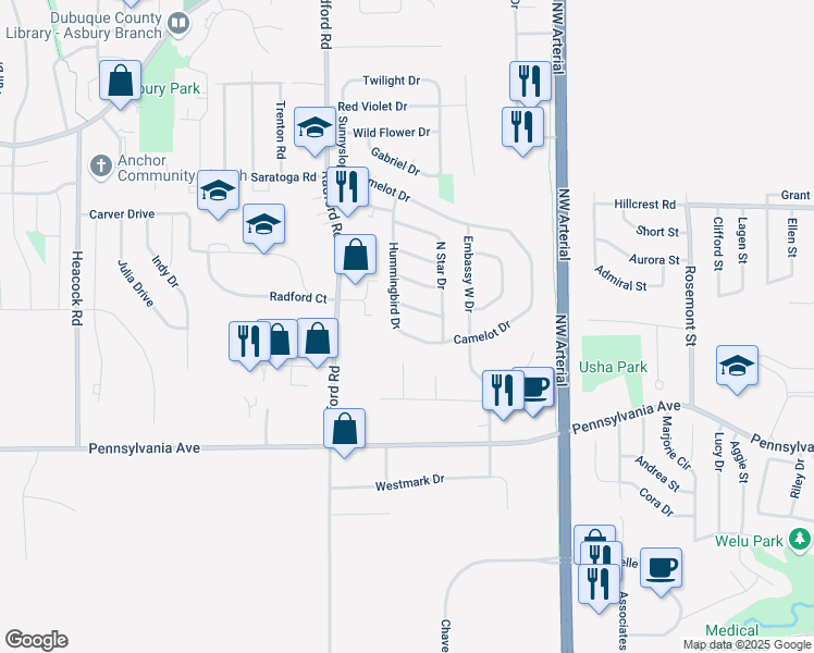 map of restaurants, bars, coffee shops, grocery stores, and more near 1878 Hummingbird Drive in Dubuque