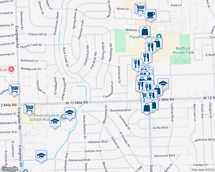 map of restaurants, bars, coffee shops, grocery stores, and more near 29256 Rambling Road in Southfield