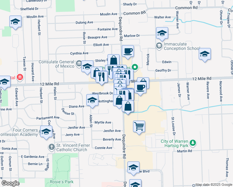 map of restaurants, bars, coffee shops, grocery stores, and more near 1685 Westbrook Drive in Madison Heights