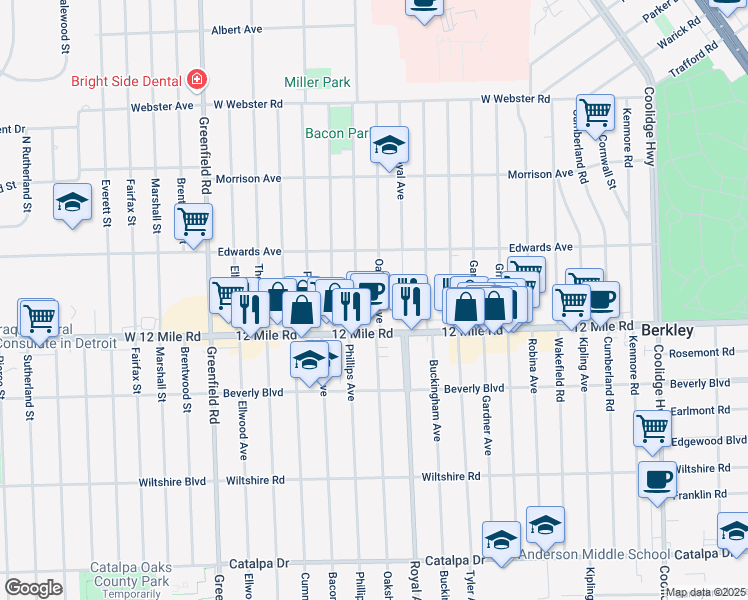 map of restaurants, bars, coffee shops, grocery stores, and more near 3541 Oakshire Avenue in Berkley