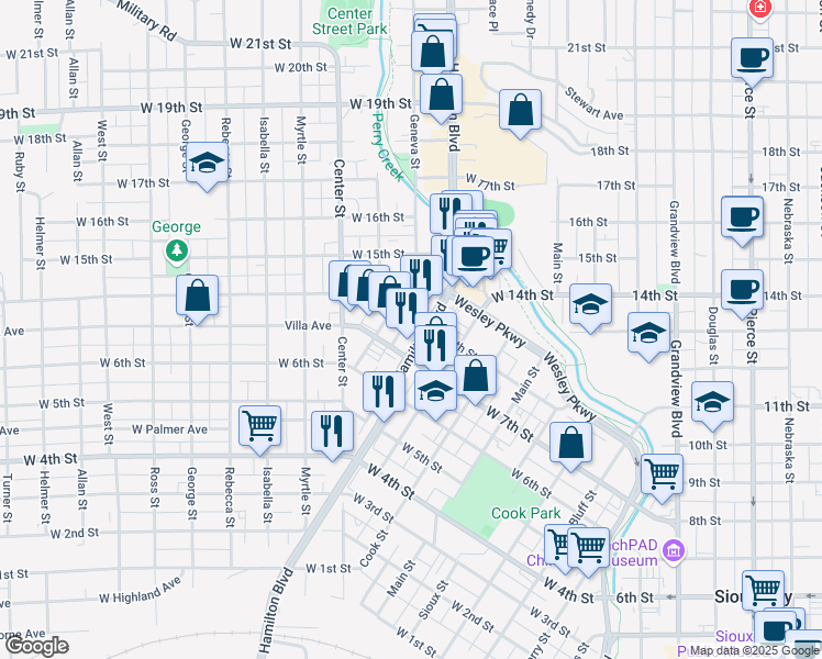map of restaurants, bars, coffee shops, grocery stores, and more near 729 Hamilton Blvd in Sioux City