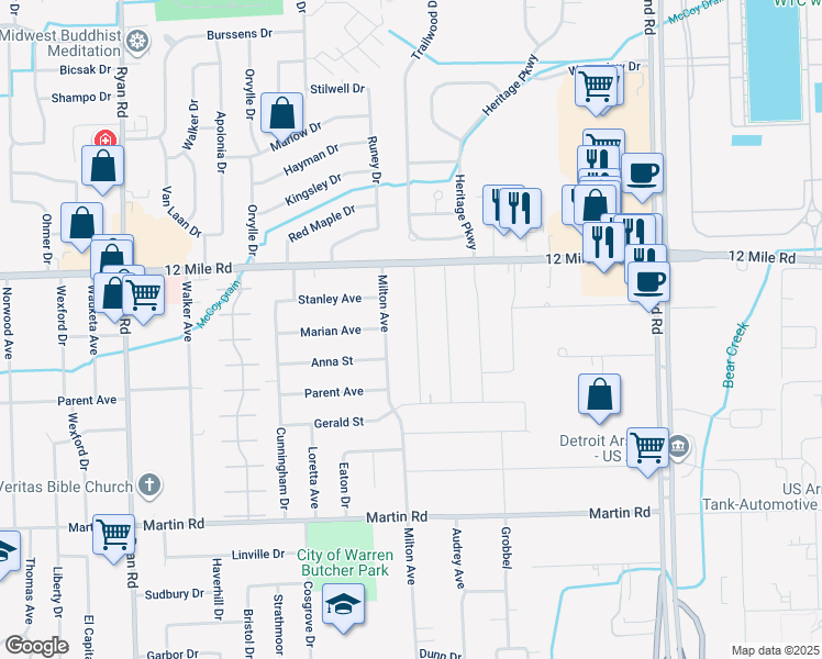 map of restaurants, bars, coffee shops, grocery stores, and more near 28655 Audrey Avenue in Warren