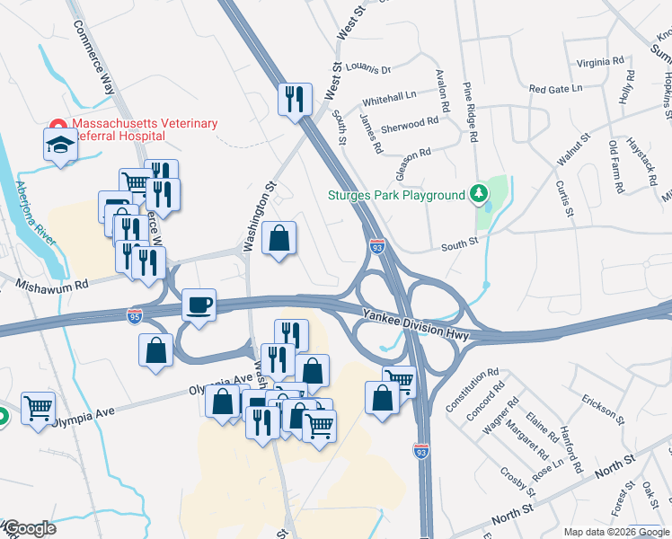 map of restaurants, bars, coffee shops, grocery stores, and more near 41 Richard Circle in Woburn