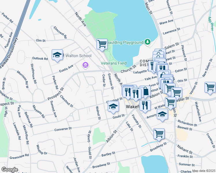 map of restaurants, bars, coffee shops, grocery stores, and more near 43 Emerson Street in Wakefield