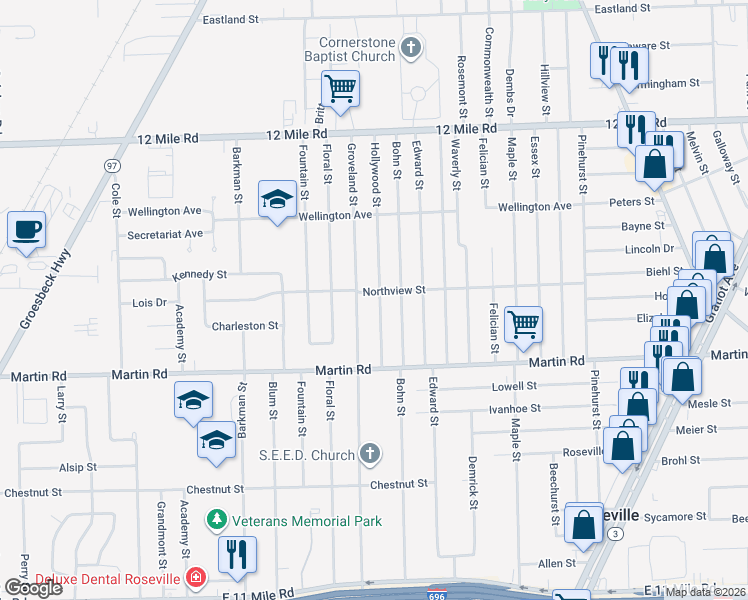 map of restaurants, bars, coffee shops, grocery stores, and more near 28241 Hollywood Street in Roseville