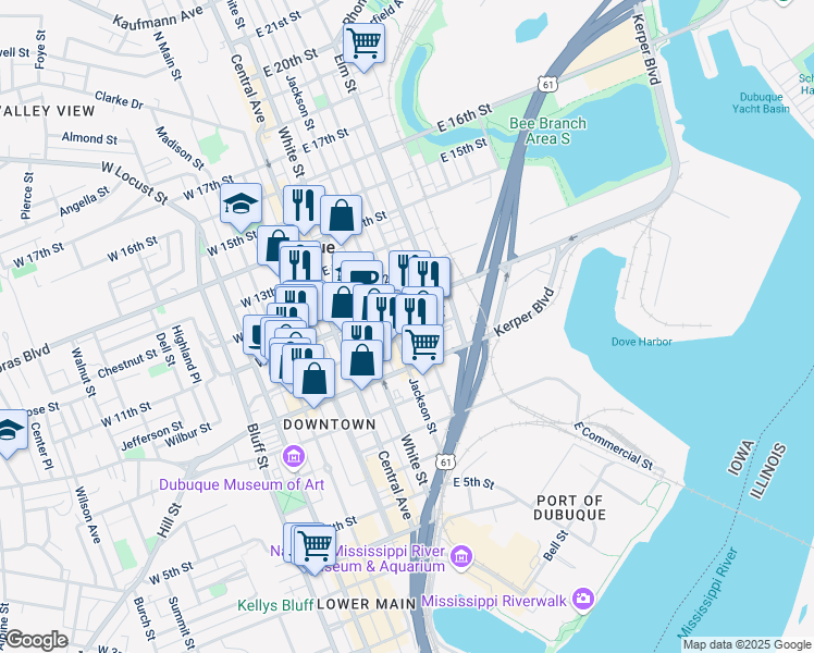 map of restaurants, bars, coffee shops, grocery stores, and more near 331-165 East 10th Street in Dubuque