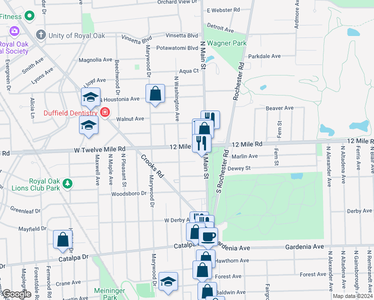 map of restaurants, bars, coffee shops, grocery stores, and more near 219 Twelve Mile Road in Royal Oak