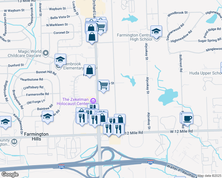 map of restaurants, bars, coffee shops, grocery stores, and more near 28225 Greening Street in Farmington Hills
