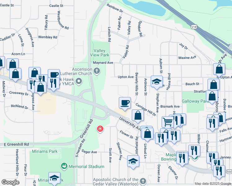 map of restaurants, bars, coffee shops, grocery stores, and more near 1909 Carriage Hill Drive in Waterloo