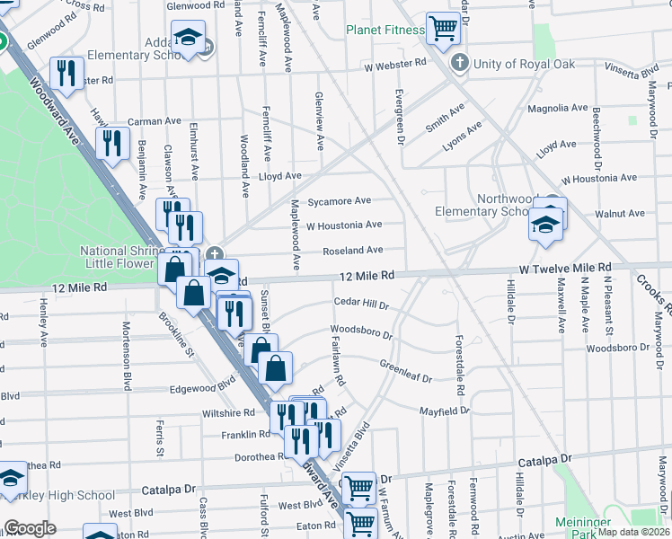 map of restaurants, bars, coffee shops, grocery stores, and more near 1708 Twelve Mile Road in Royal Oak