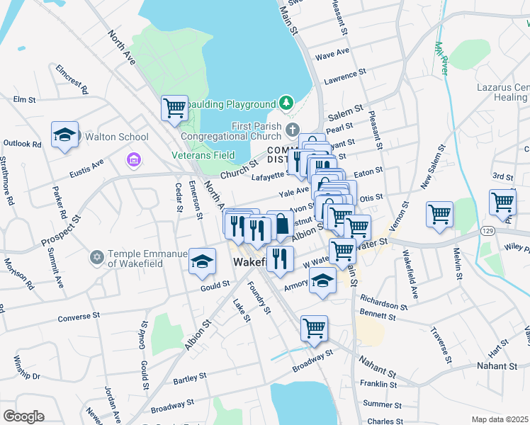 map of restaurants, bars, coffee shops, grocery stores, and more near 33 Avon Street in Wakefield