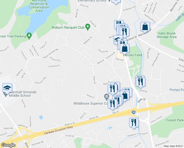 map of restaurants, bars, coffee shops, grocery stores, and more near 72 Pearl Street in Woburn