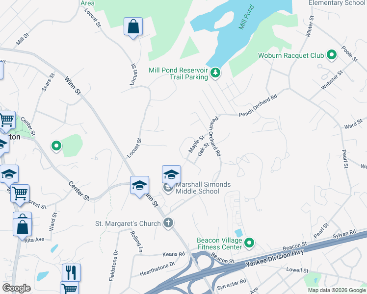 map of restaurants, bars, coffee shops, grocery stores, and more near 7 Birch Street in Burlington